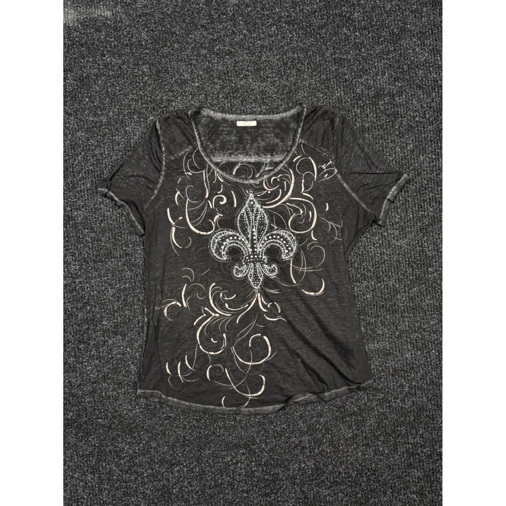 Maurices Womens Fleur De Lis Rhinestone Graphic Tee Gray Lace Accent Size 1